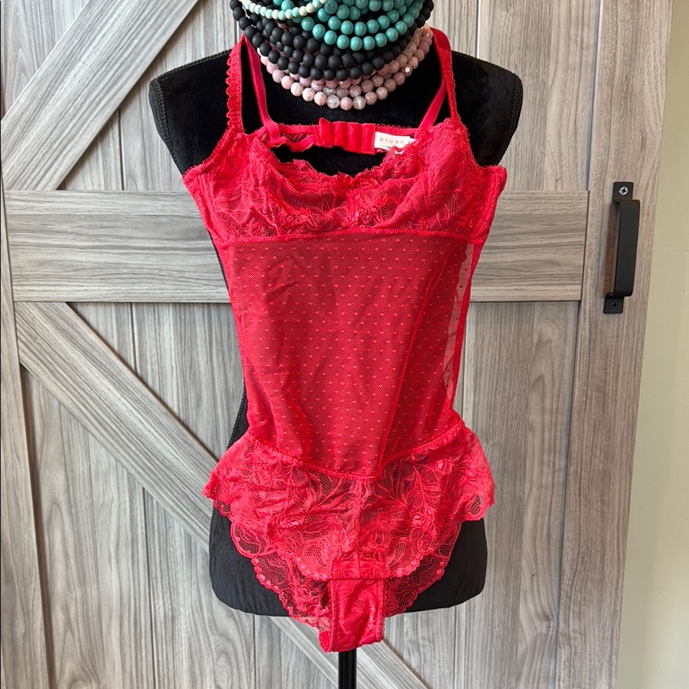 Red Lace Chemise/ bodysuit with Scalloped Trim and Plunging Neckline NWOT